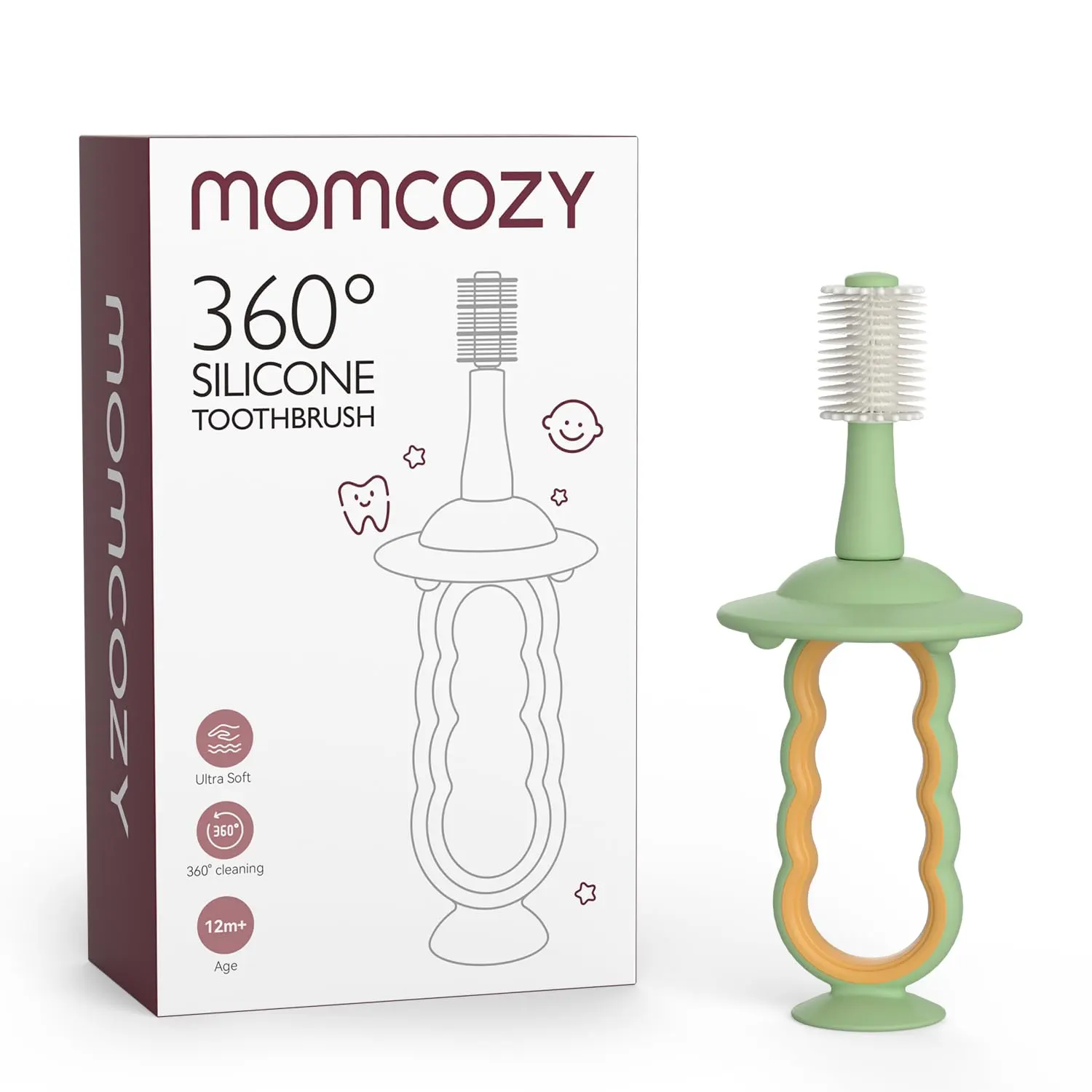 Momcozy Baby Silicone Toothbrush and Tongue Cleaner, Suction Base, Green - QMTB002G