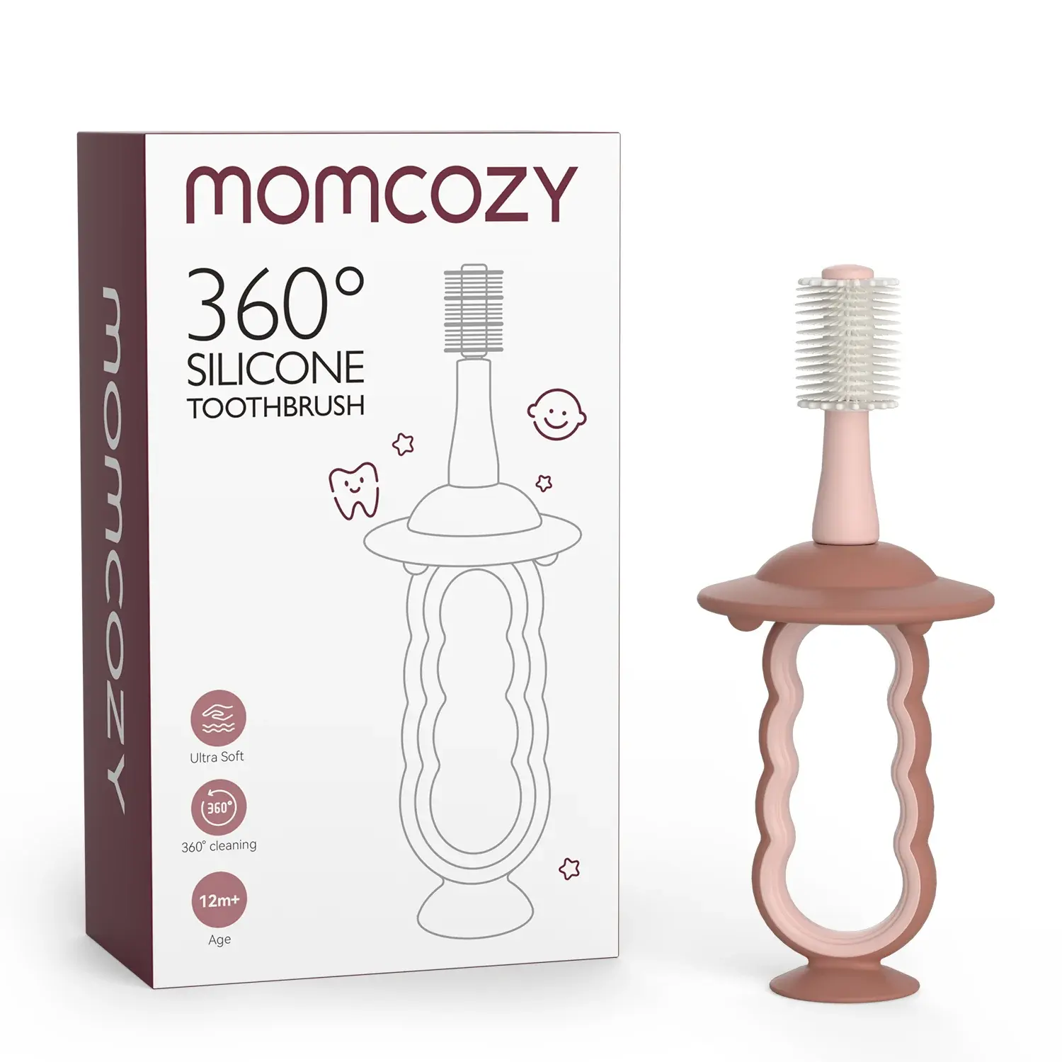 Momcozy Baby Silicone Toothbrush and Tongue Cleaner, Suction Base, Pink - QMTB002P