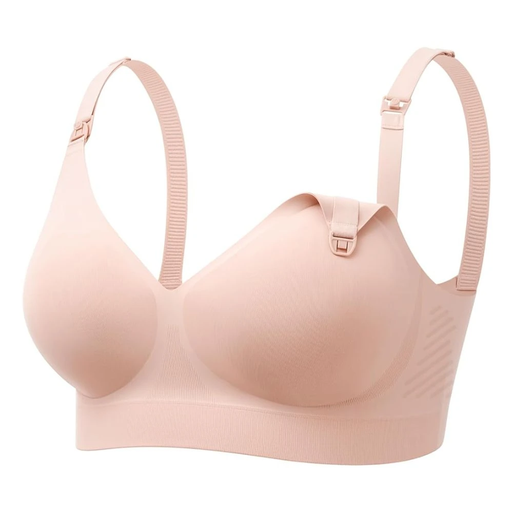 Momcozy CoolFit T-Shirt Nursing Bra, Hands-Free Pumping Support, Ultra-Stretch Fabric, Wireless Seamless Design, C-H Cup Support, Oyster Pink-Beige - 840506407749