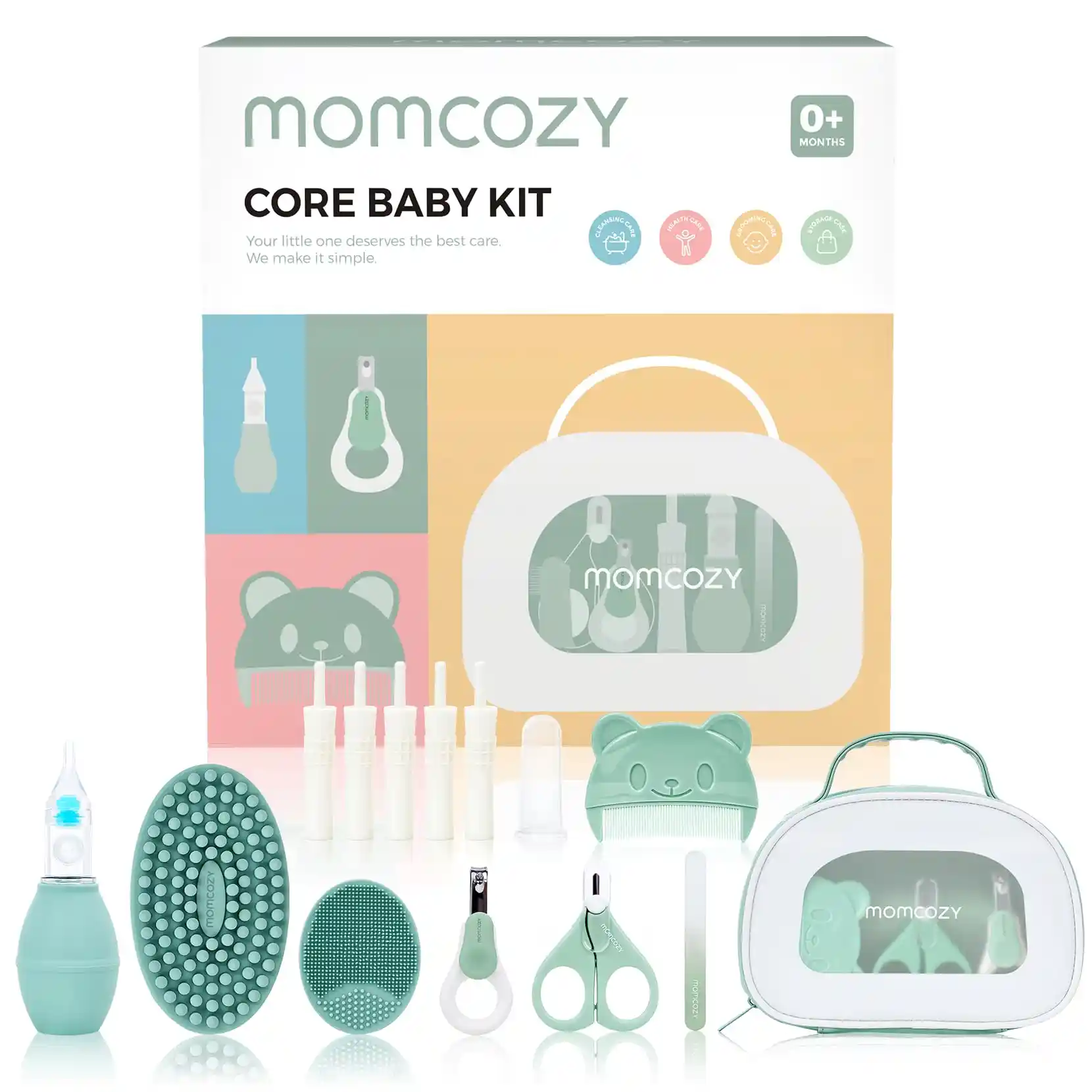 Momcozy Core Baby Care Kit, All-in-One Grooming, Health & Cleansing Set, Nail Scissors, Nail Clipper & File, Nasal Aspirator, Gas Relief Tubes, Bath & Cradle Cap Brushes, Finger Toothbrush, Comb & Storage Case - QMCK017