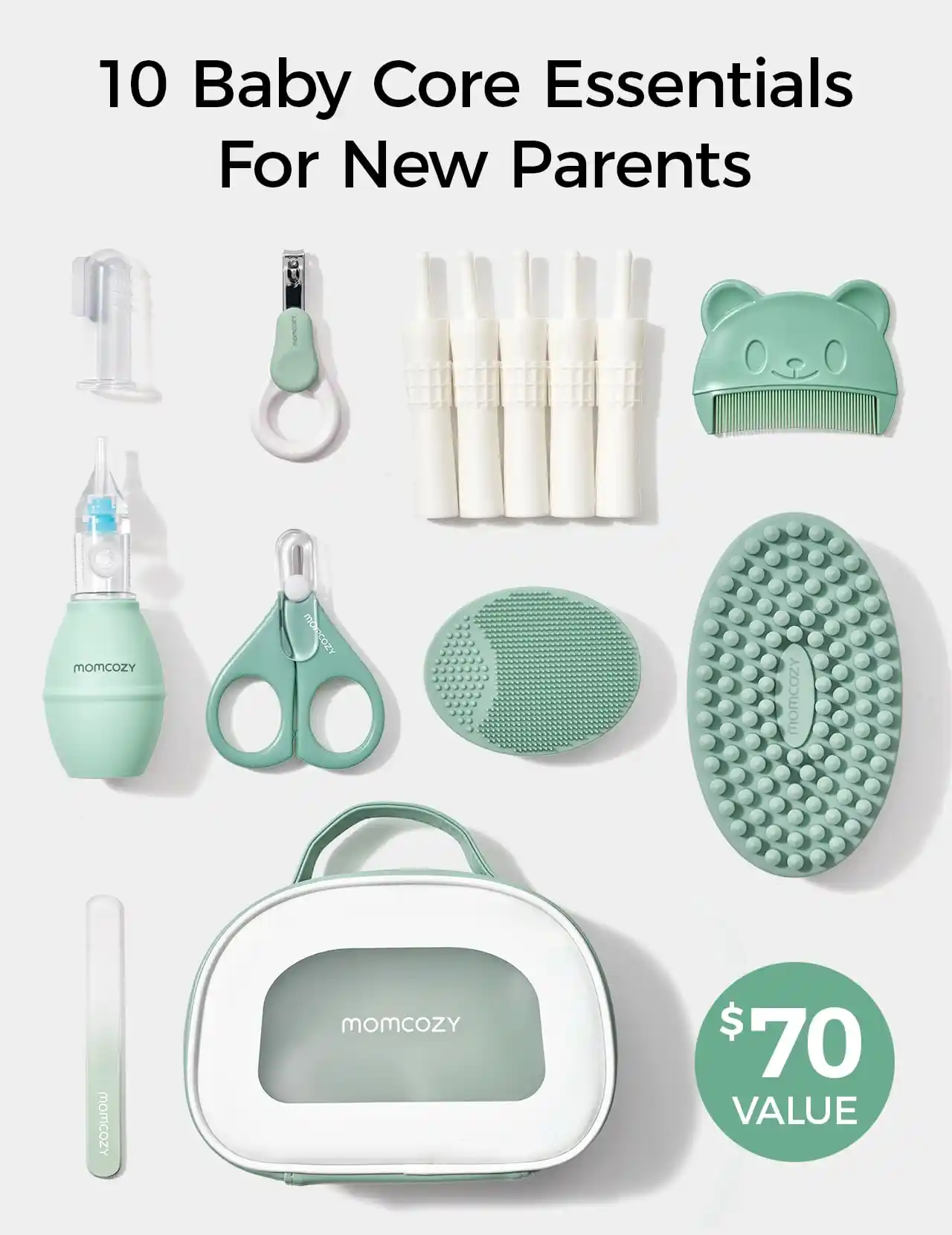 Momcozy Core Baby Care Kit, All-in-One Grooming, Health & Cleansing Set, Nail Scissors, Nail Clipper & File, Nasal Aspirator, Gas Relief Tubes, Bath & Cradle Cap Brushes, Finger Toothbrush, Comb & Storage Case - QMCK017 - Image 3