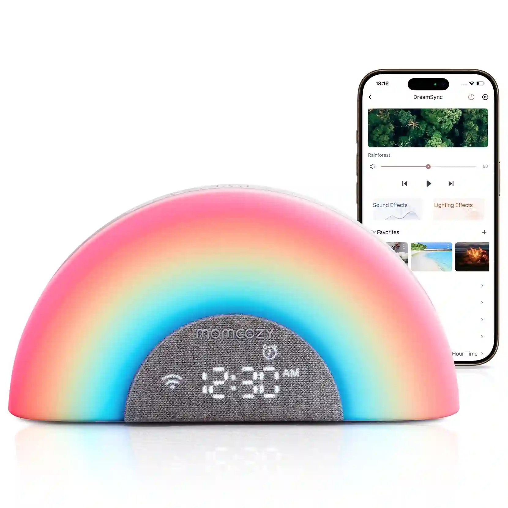 Momcozy Dreamsync Smart Baby Sound Machine, 34 Soothing Sounds, 7 Nature-Inspired Dynamic Lights, WiFi & App Control, Dimmable Night Light & Clock, Sunrise Alarm, Multicolour - QMWN010