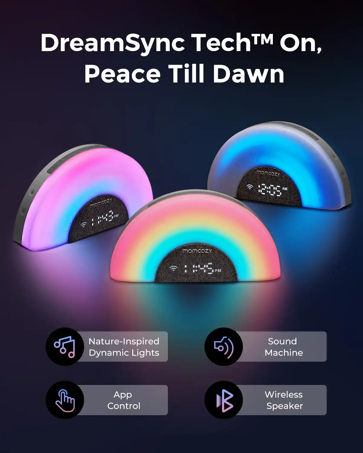 Momcozy Dreamsync Smart Baby Sound Machine, 34 Soothing Sounds, 7 Nature-Inspired Dynamic Lights, WiFi & App Control, Dimmable Night Light & Clock, Sunrise Alarm, Multicolour - QMWN010 - Image 11