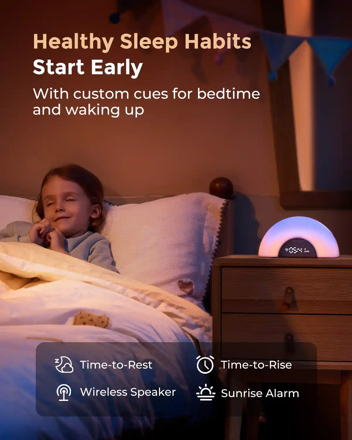 Momcozy Dreamsync Smart Baby Sound Machine, 34 Soothing Sounds, 7 Nature-Inspired Dynamic Lights, WiFi & App Control, Dimmable Night Light & Clock, Sunrise Alarm, Multicolour - QMWN010 - Image 5