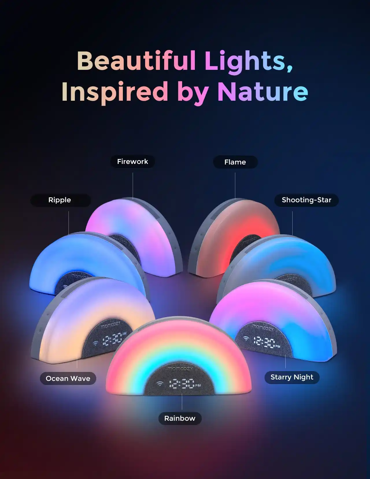 Momcozy Dreamsync Smart Baby Sound Machine, 34 Soothing Sounds, 7 Nature-Inspired Dynamic Lights, WiFi & App Control, Dimmable Night Light & Clock, Sunrise Alarm, Multicolour - QMWN010 - Image 10