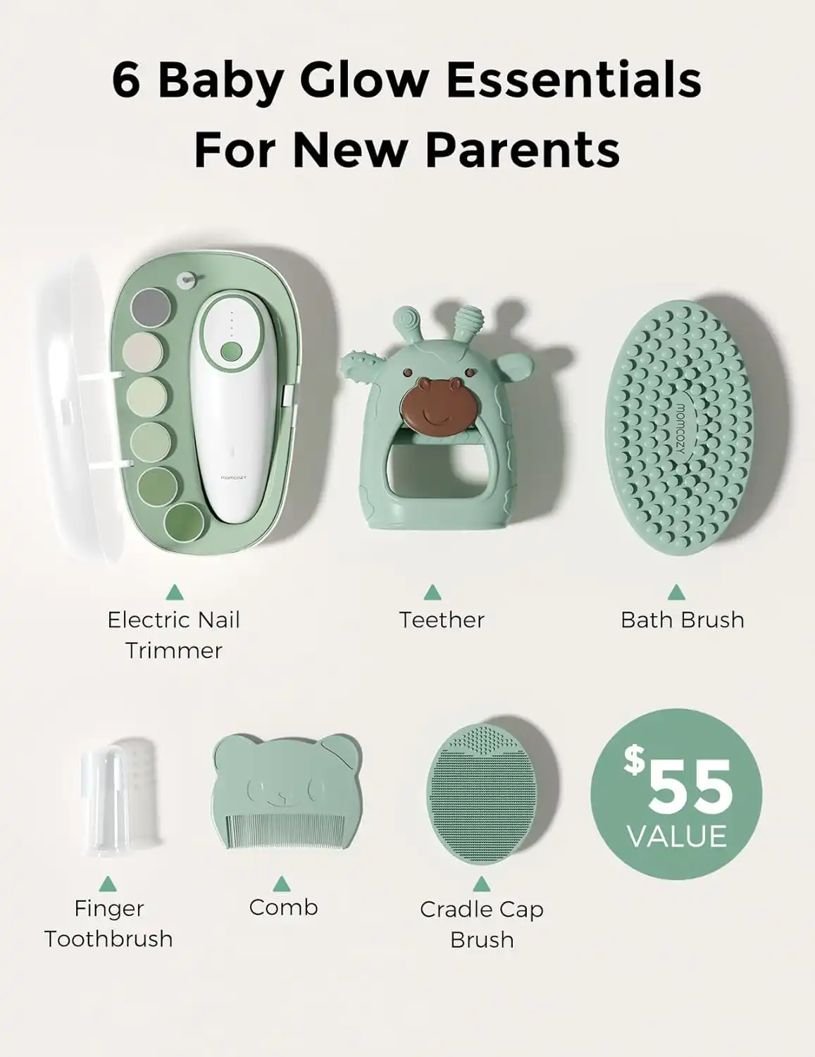 Momcozy Glow Baby Grooming & Cleansing Kit, 6-Piece Newborn Care Set, Electric Nail Trimmer, Soft-Bristle Hair Brush, Manual Nasal Aspirator, Ear Swabs - 840506413924 - Image 3