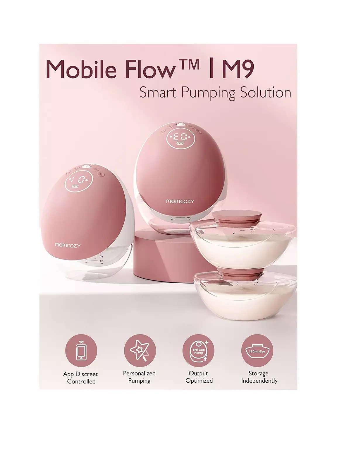 Momcozy M9 Mobile Flow Double Wearable Electric Breast Pump, Smart App Control, 6 Suction Levels, 2 Custom Modes, 180ml Capacity Per Side, 180-Minute Battery, Cozy Red - M9 Double - Image 3