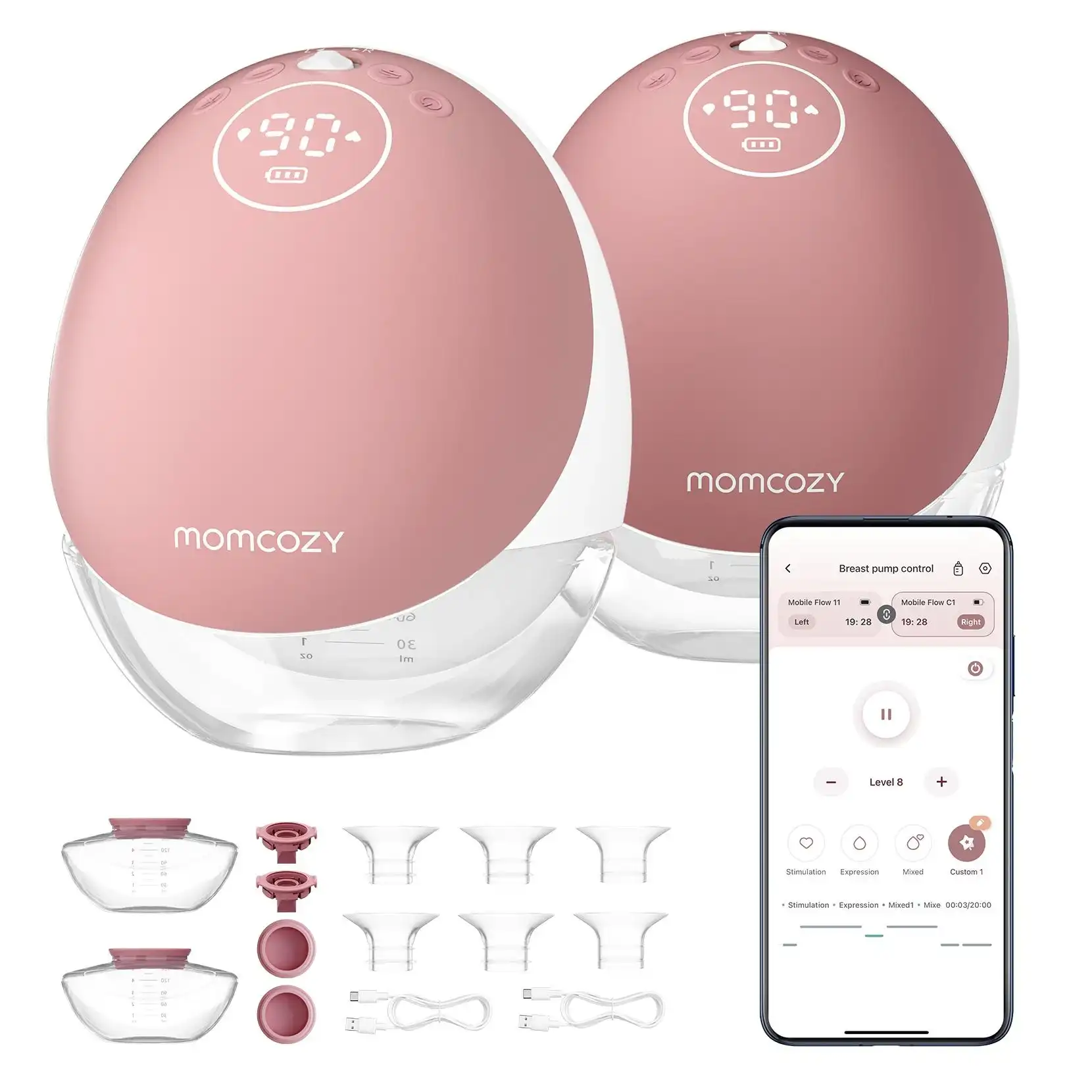 Momcozy M9 Mobile Flow Double Wearable Electric Breast Pump, Smart App Control, 6 Suction Levels, 2 Custom Modes, 180ml Capacity Per Side, 180-Minute Battery, Cozy Red - M9 Double - Image 7