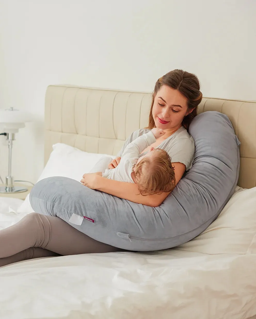 Momcozy Original F-Shaped Adjustable Maternity Pillow, J & W-Shaped Full-Body Support, Adjustable Velcro Belly Wedge, Detachable Support Pillow, Removable Machine-Washable Cover, Grey - QMPP007 - Image 3