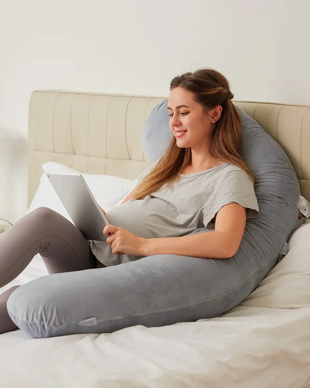 Momcozy Original F-Shaped Adjustable Maternity Pillow, J & W-Shaped Full-Body Support, Adjustable Velcro Belly Wedge, Detachable Support Pillow, Removable Machine-Washable Cover, Grey - QMPP007 - Image 4