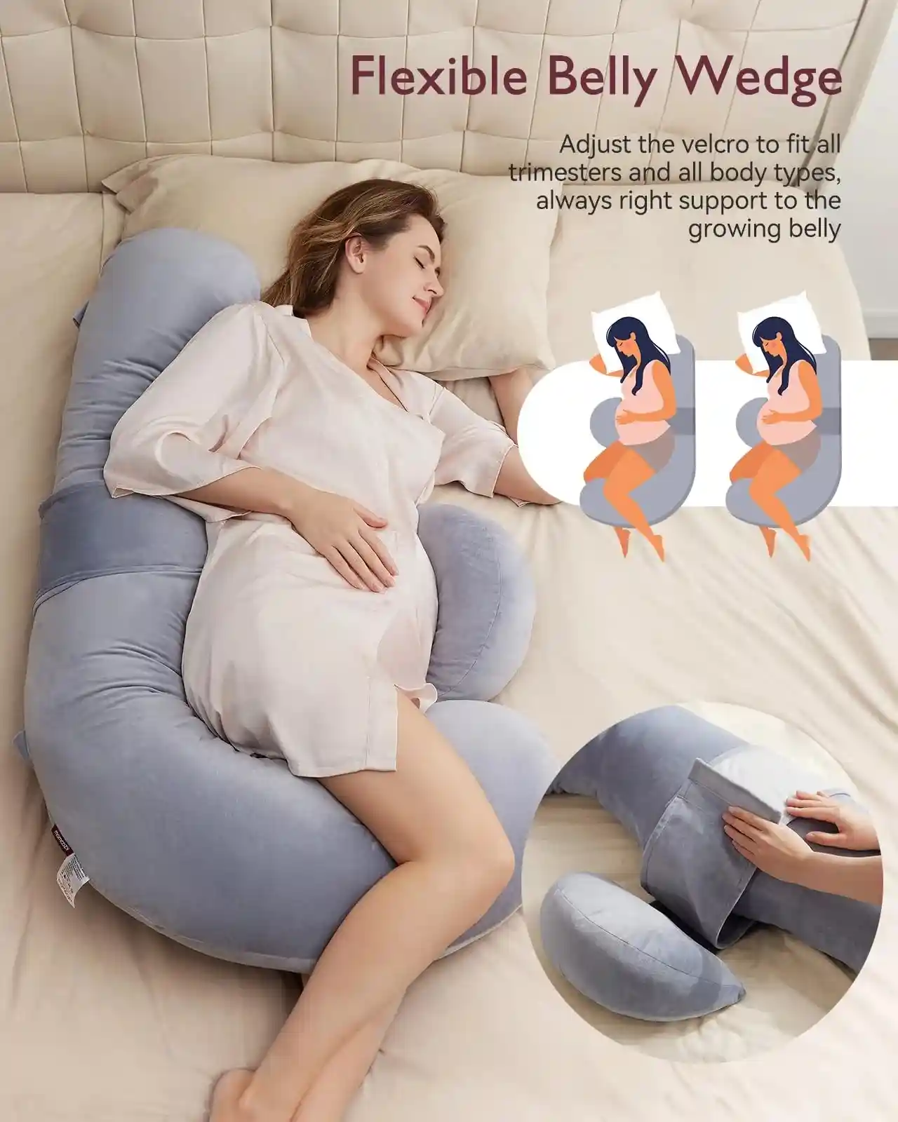 Momcozy Original F-Shaped Adjustable Maternity Pillow, J & W-Shaped Full-Body Support, Adjustable Velcro Belly Wedge, Detachable Support Pillow, Removable Machine-Washable Cover, Grey - QMPP007 - Image 5