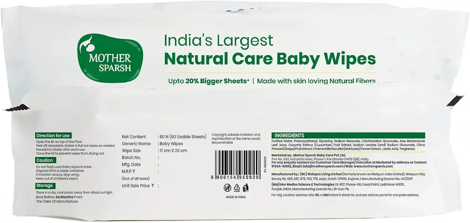 Mother Sparsh Natural Care Baby Wipes I 100 Percent Plant Made 60 Pcs Pack Of 2 - MSH-950920L2 - Image 7