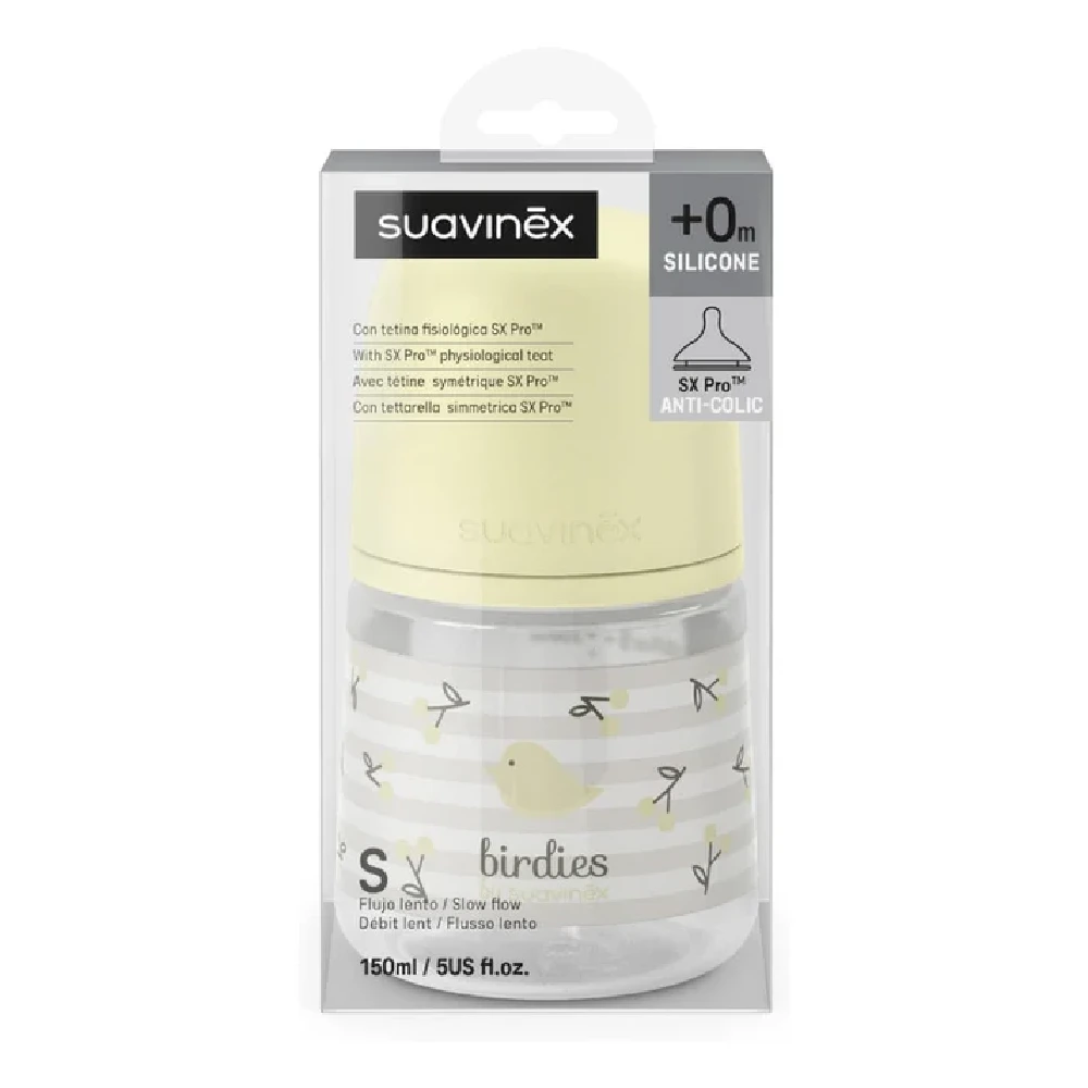 Suavinex Birdies Anti-Colic Baby Feeding Bottle 150 ml with SX Pro Physiological Silicone Teat, Slow Flow S, Anti-Colic Valve, +0 Months, Beige - 309103 - Image 3