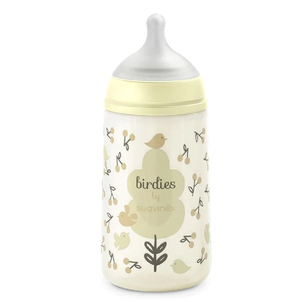 Suavinex Birdies Anti-Colic Baby Feeding Bottle 270 ml with SX Pro Physiological Silicone Teat, Medium Flow M, +3 Months, Beige - 309109