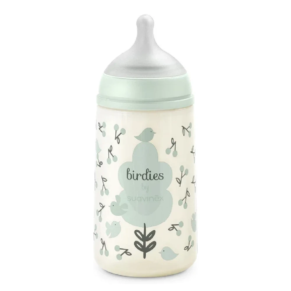Suavinex Birdies Anti-Colic Baby Feeding Bottle 270 ml with SX Pro Physiological Silicone Teat, Medium Flow M, +3 Months, Green - 309111