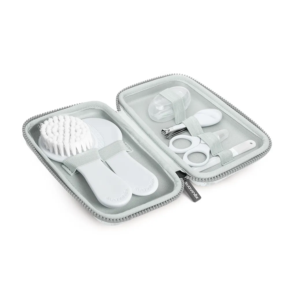 Suavinex Birdies Green Baby Hygiene & Care Set, 7-Piece Grooming Kit with Rounded-Tip Scissors, Ergonomic Nail Clipper, Soft File, Brush, Comb & Gentle Toothbrush, Water-Repellent Case - 401211
