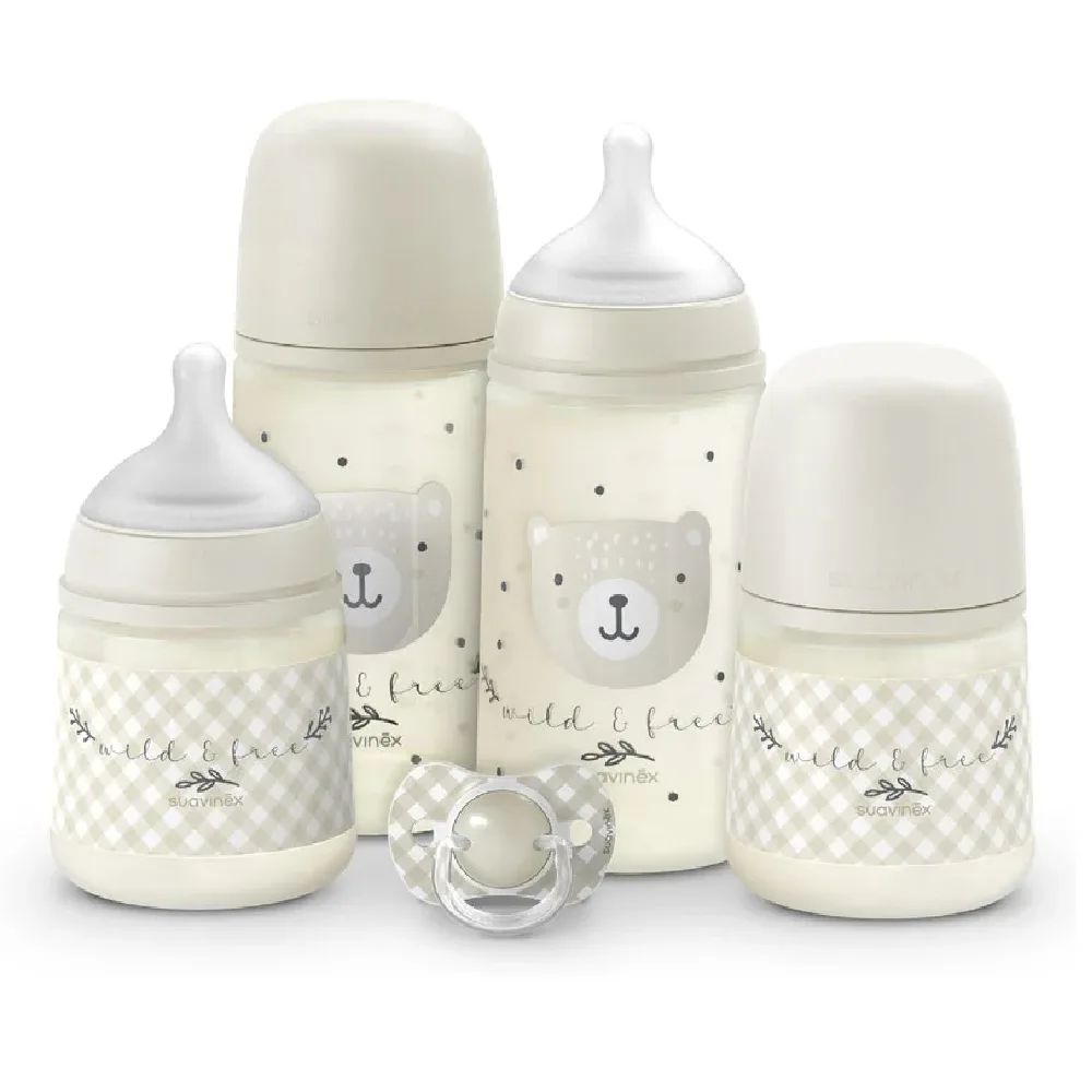 Suavinex Birdies Newborn Baby Bottle Gift Set, 5-Piece Feeding Set with 2 x 150 ml Slow Flow Bottles, 2 x 270 ml Medium Flow Bottles & 0-6M SX Pro Pacifier, Physiological Silicone Teats, +0M, Beige - 309141