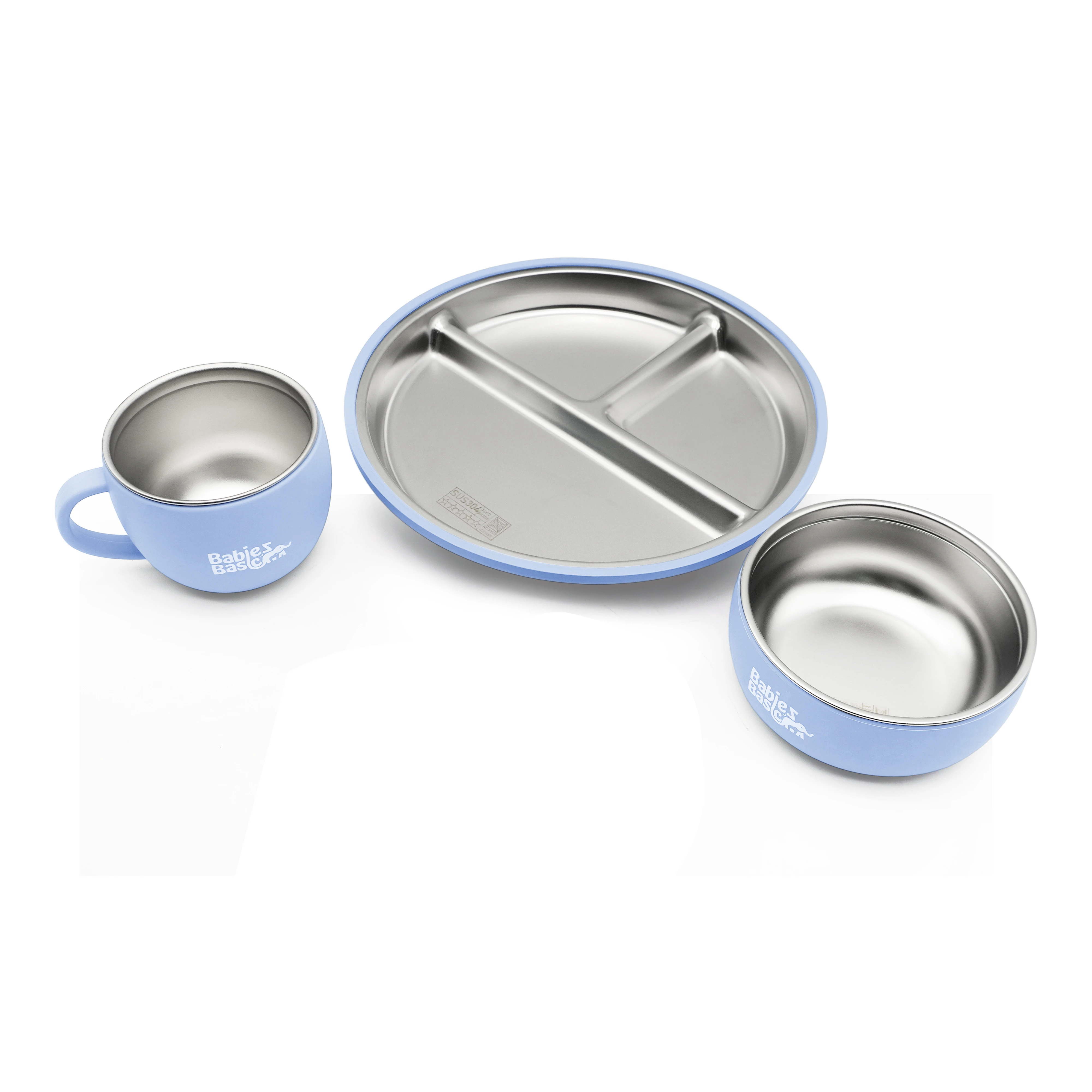 Babies Basic Stainless Steel Plate Bowl and Cup with Silicone Sleeve for Kids Blue 12275-FEE-BLU-3PC