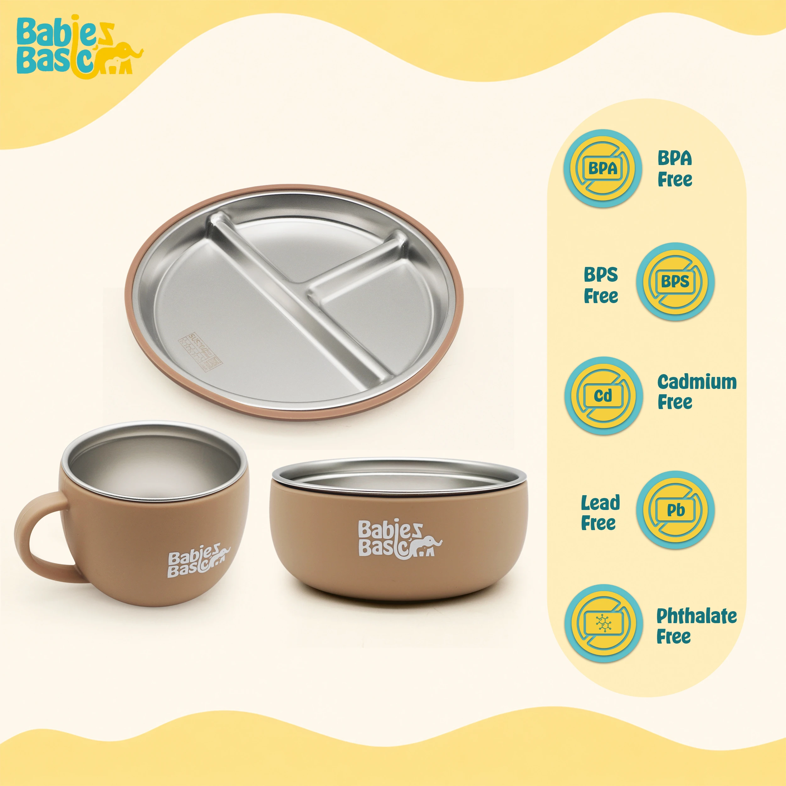 Babies Basic Stainless Steel Plate Bowl and Cup with Silicone Sleeve for Kids Brown 12275-FEE-BRO-3PC - Image 2