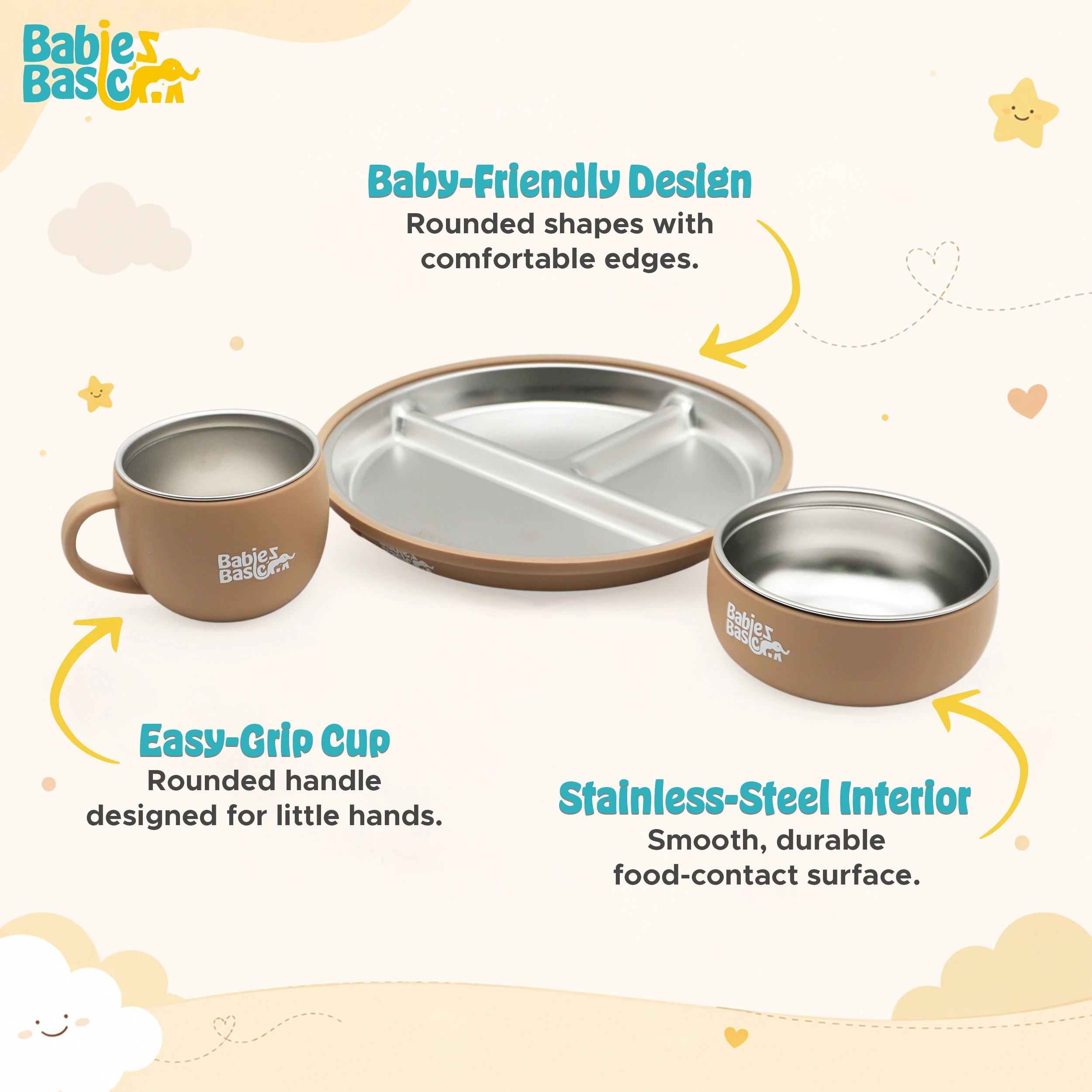 Babies Basic Stainless Steel Plate Bowl and Cup with Silicone Sleeve for Kids Brown 12275-FEE-BRO-3PC - Image 3