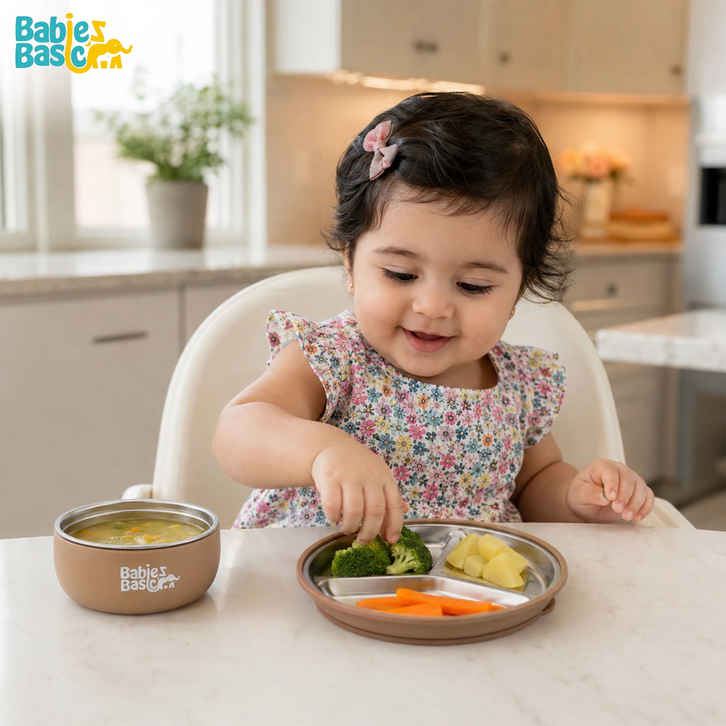 Babies Basic Stainless Steel Plate Bowl and Cup with Silicone Sleeve for Kids Brown 12275-FEE-BRO-3PC - Image 4