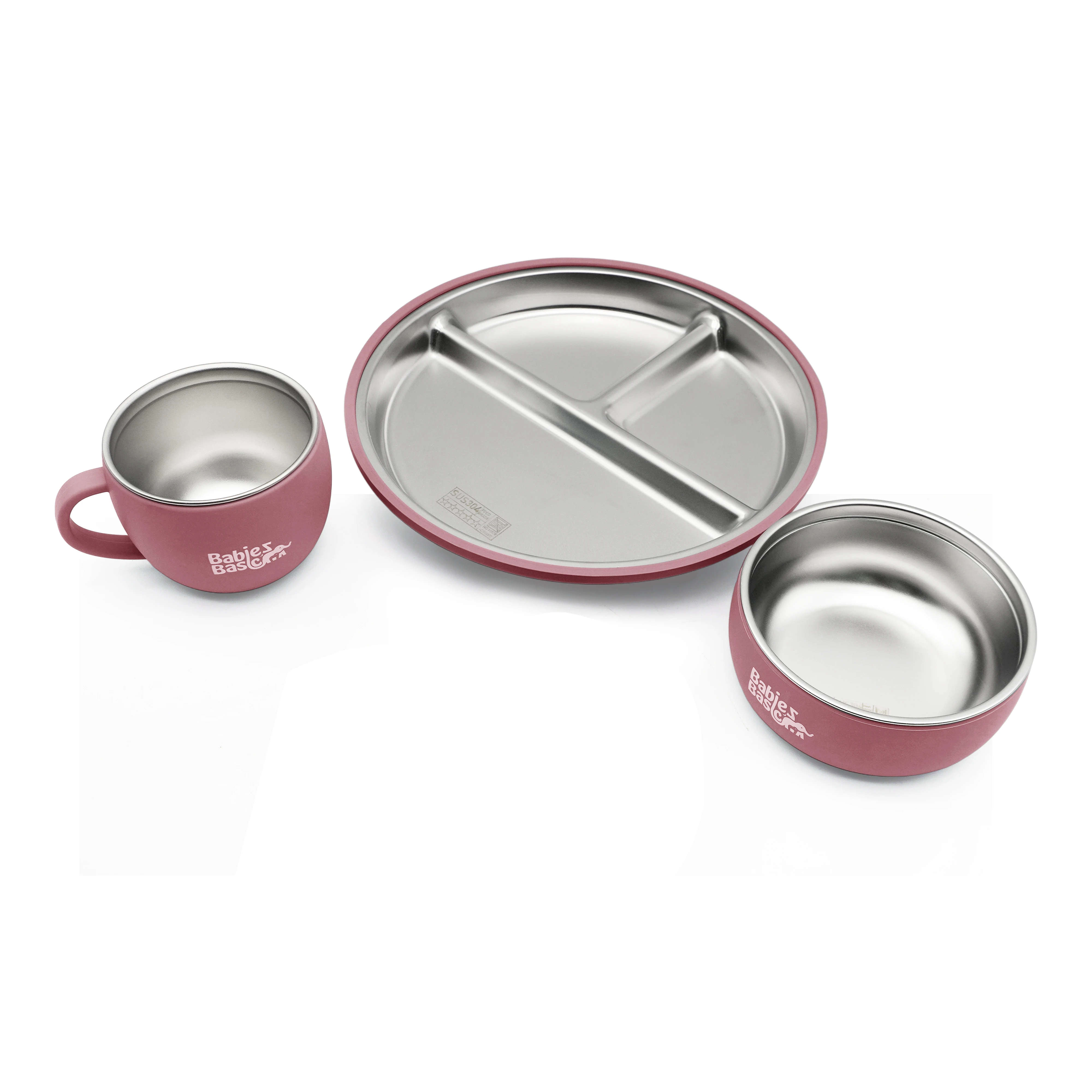 Babies Basic Stainless Steel Plate Bowl and Cup with Silicone Sleeve for Kids Dusty Pink 12275-FEE-DUS-3PC