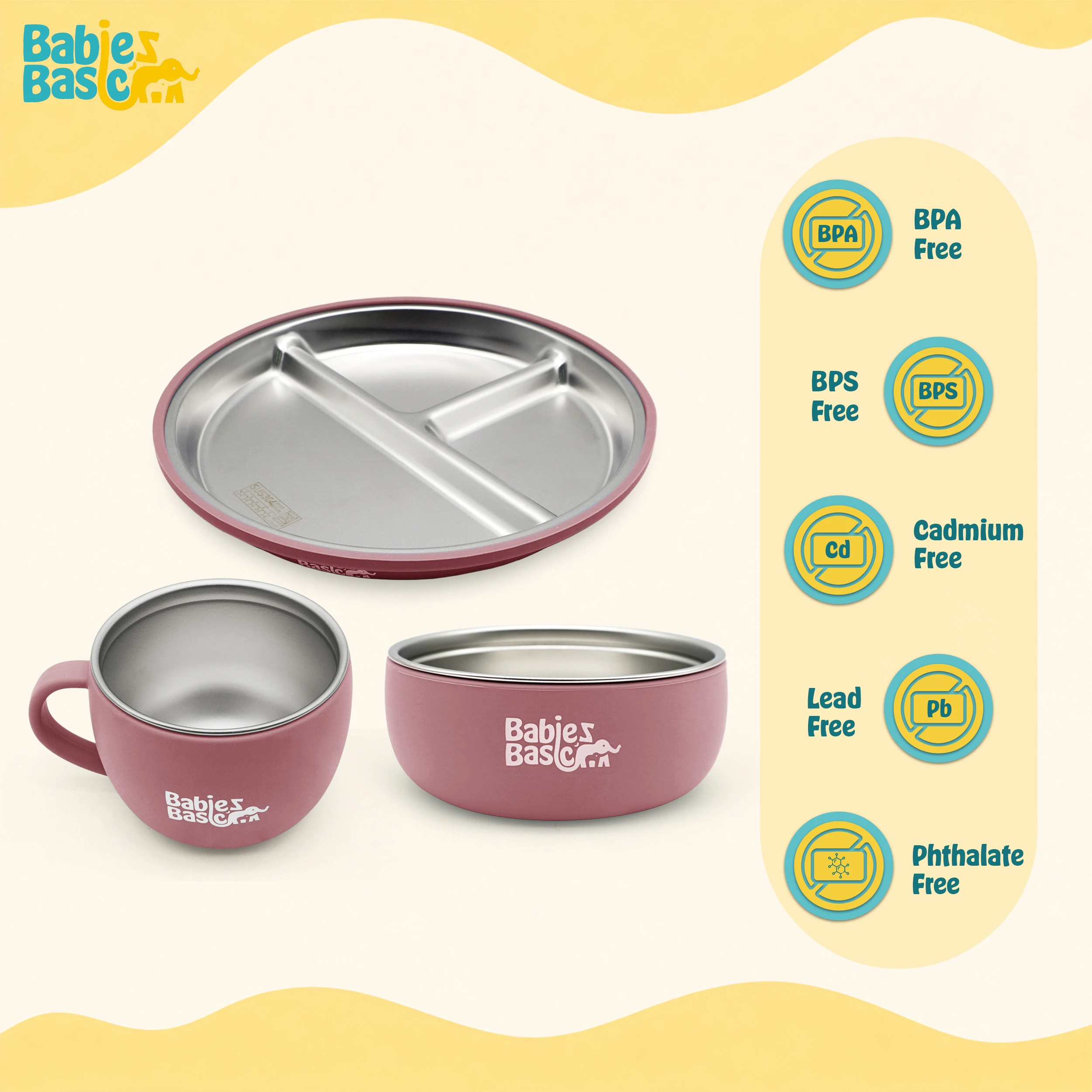 Babies Basic Stainless Steel Plate Bowl and Cup with Silicone Sleeve for Kids Dusty Pink 12275-FEE-DUS-3PC - Image 2