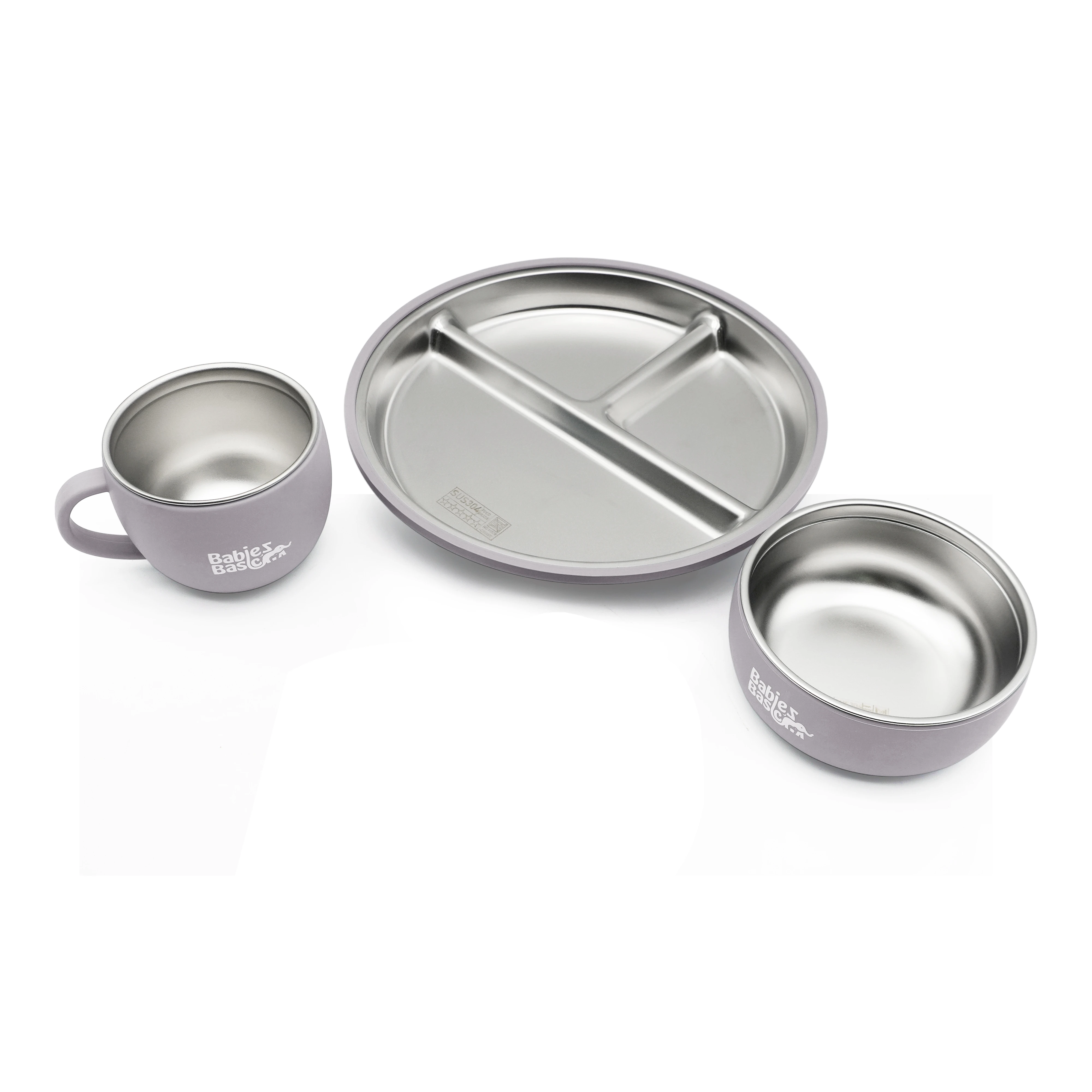 Babies Basic Stainless Steel Plate Bowl and Cup with Silicone Sleeve for Kids Gray 12275-FEE-GRA-3PC