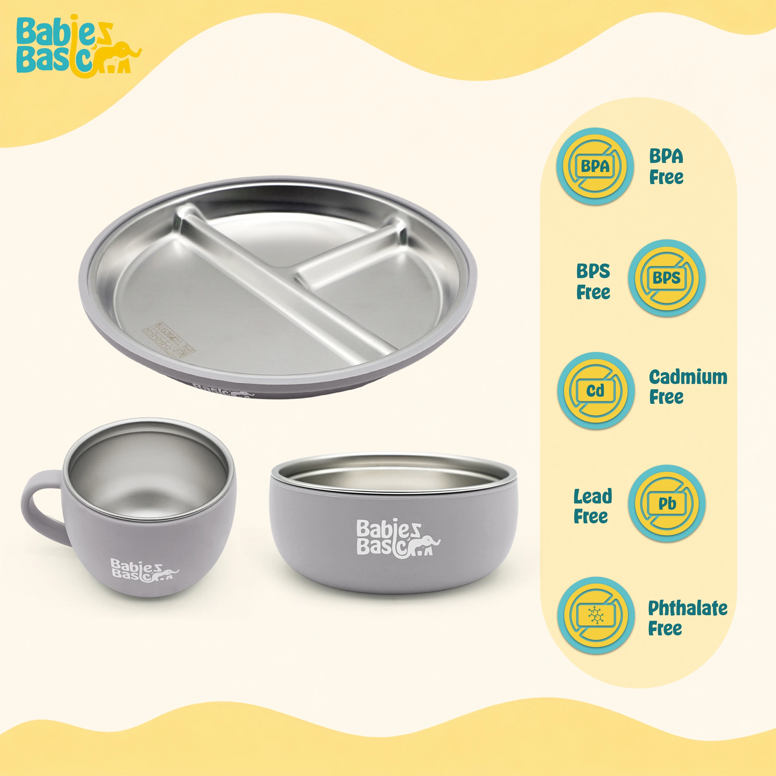 Babies Basic Stainless Steel Plate Bowl and Cup with Silicone Sleeve for Kids Gray 12275-FEE-GRA-3PC - Image 2