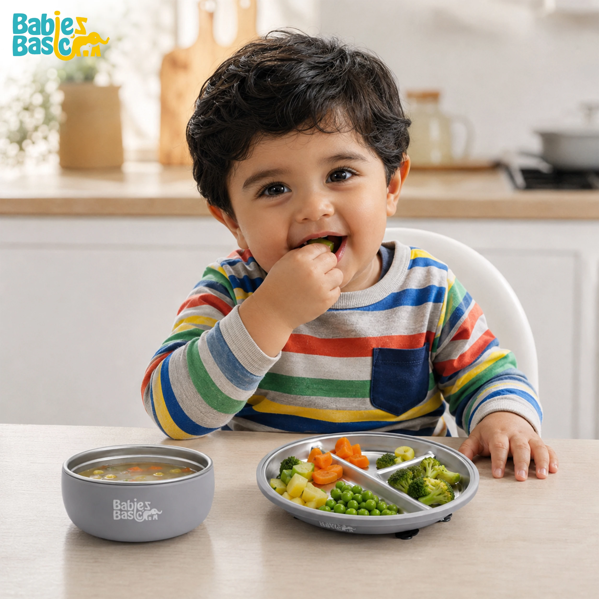 Babies Basic Stainless Steel Plate Bowl and Cup with Silicone Sleeve for Kids Gray 12275-FEE-GRA-3PC - Image 4