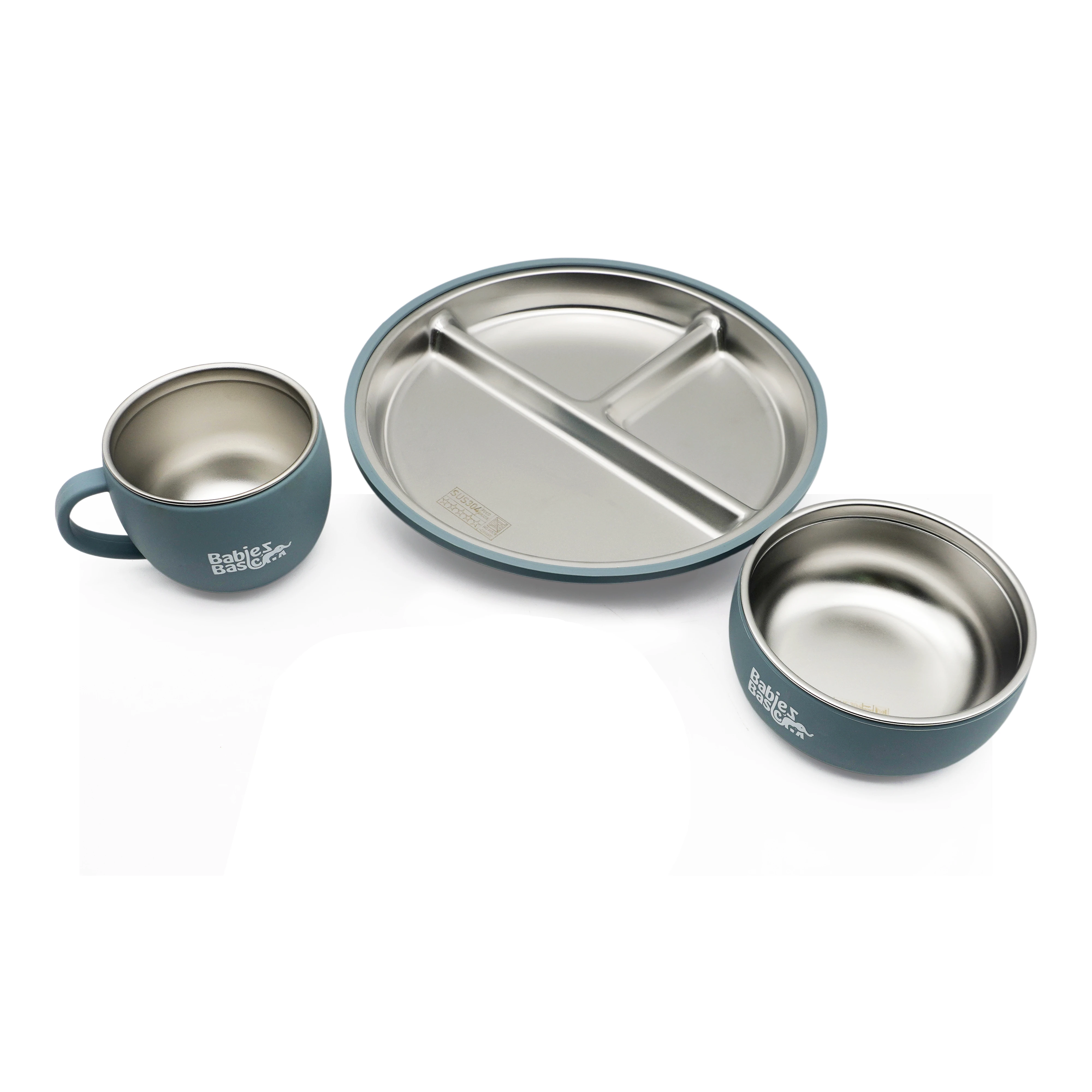 Babies Basic Stainless Steel Plate Bowl and Cup with Silicone Sleeve for Kids Indigo 12275-FEE-IND-3PC