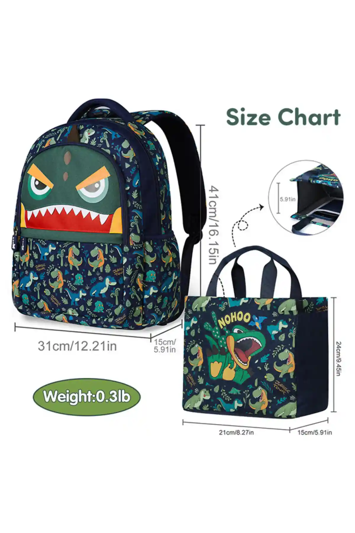 Nohoo Dino 2 Piece School Bag and Handbag Set Neoprene Green 16 Inch - CMNH_S2SBHB_DIGR