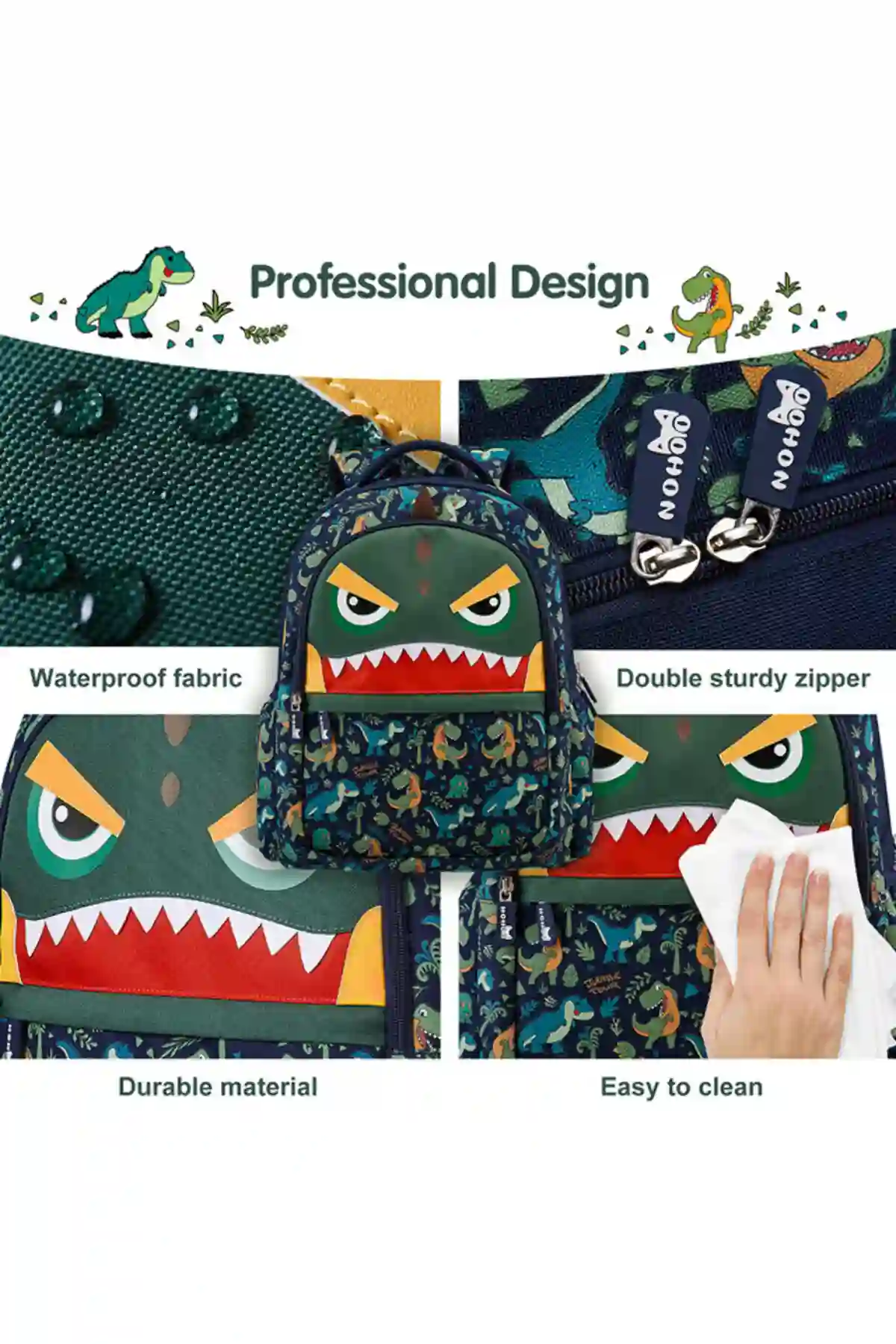 Nohoo Dino 2 Piece School Bag and Pencil Case Set Neoprene Green 16 Inch - CMNH_S2SBPC_DIGR - Image 4