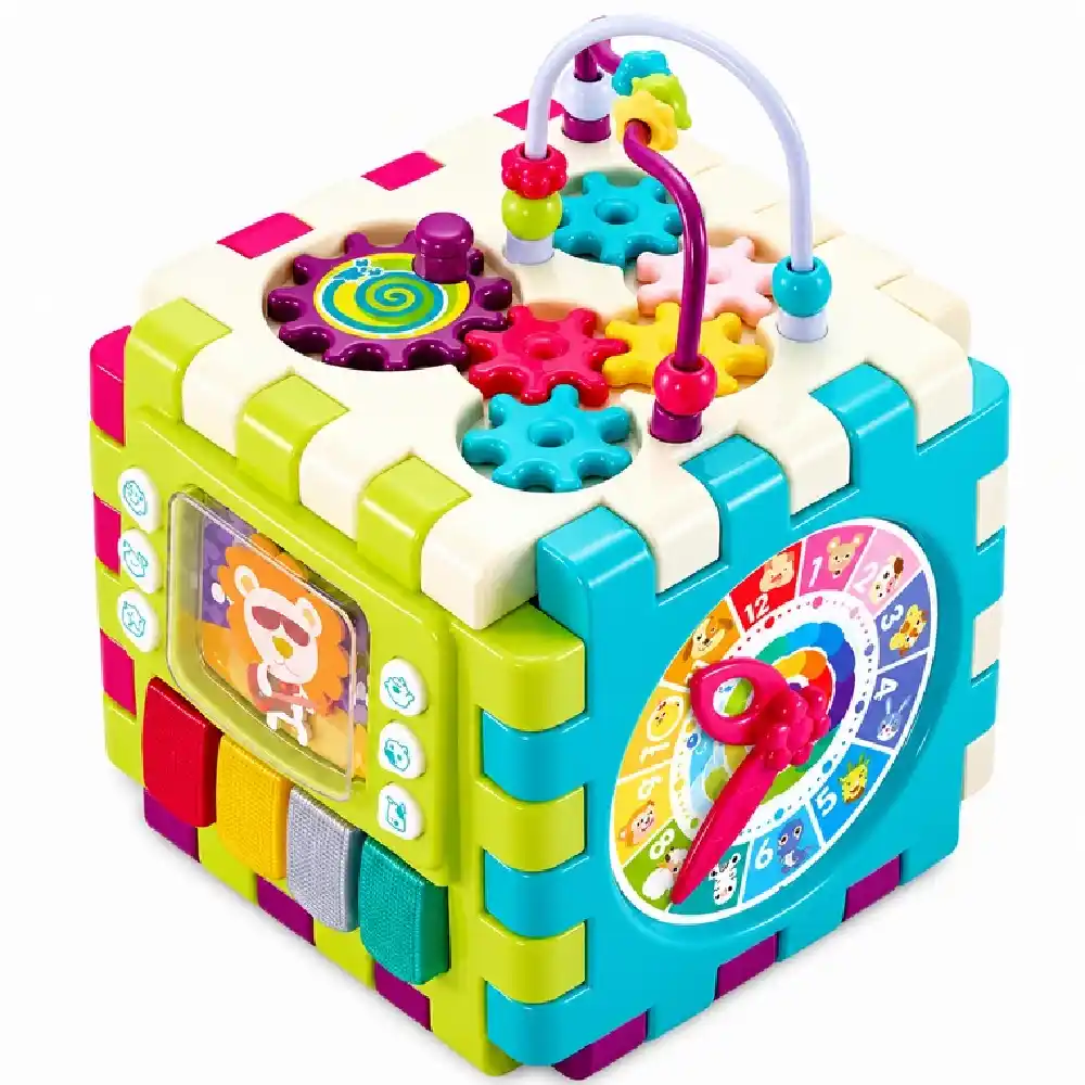 Goodway Baby Activity Puzzle Cube with Bead Maze & Piano, Multi-Activity Learning Cube with Rotating Gears, Clock Dial, Mirror & Shape Sorter, Convertible Puzzle Panels - 3850A