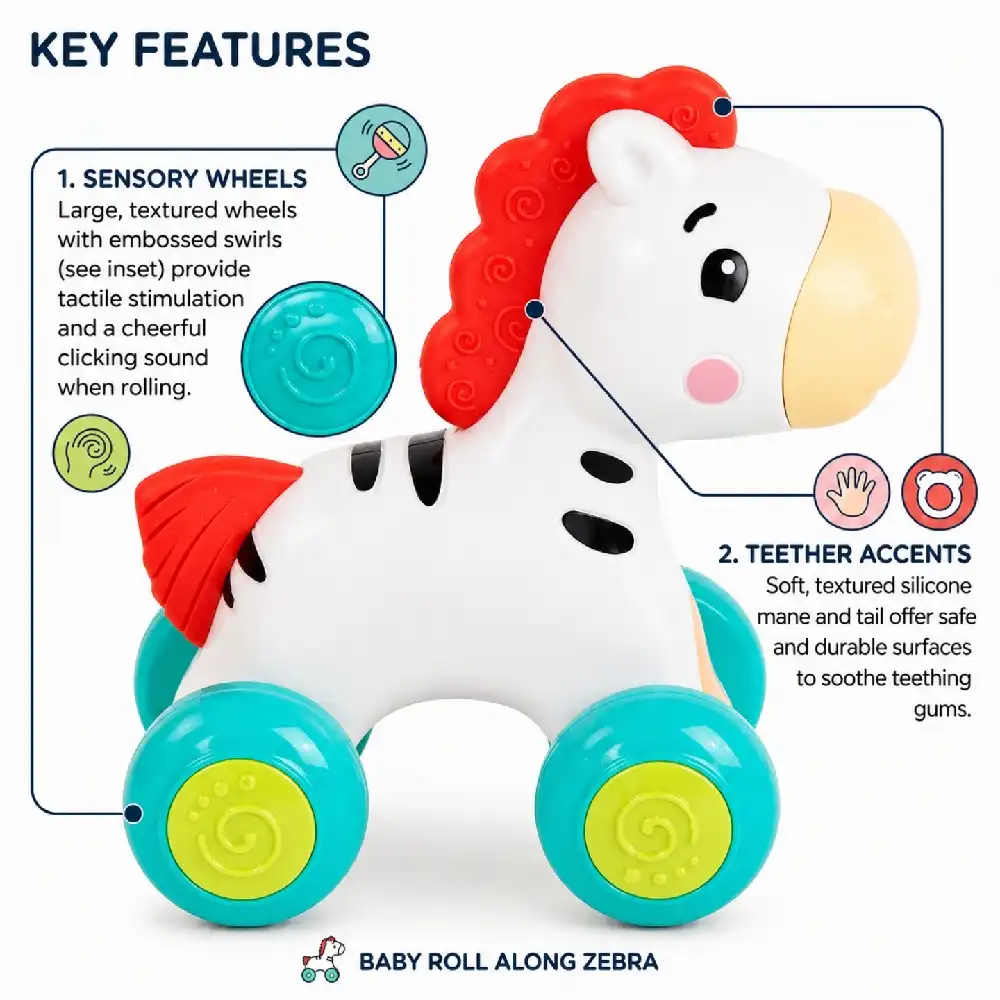 Goodway Baby Push & Go Zebra Toy with Rolling Wheels, Cute Animal Design, Smooth Moving Wheels, Lightweight Push Toy for Hand-Eye Coordination & Motor Skill Development - 2208D - Image 3