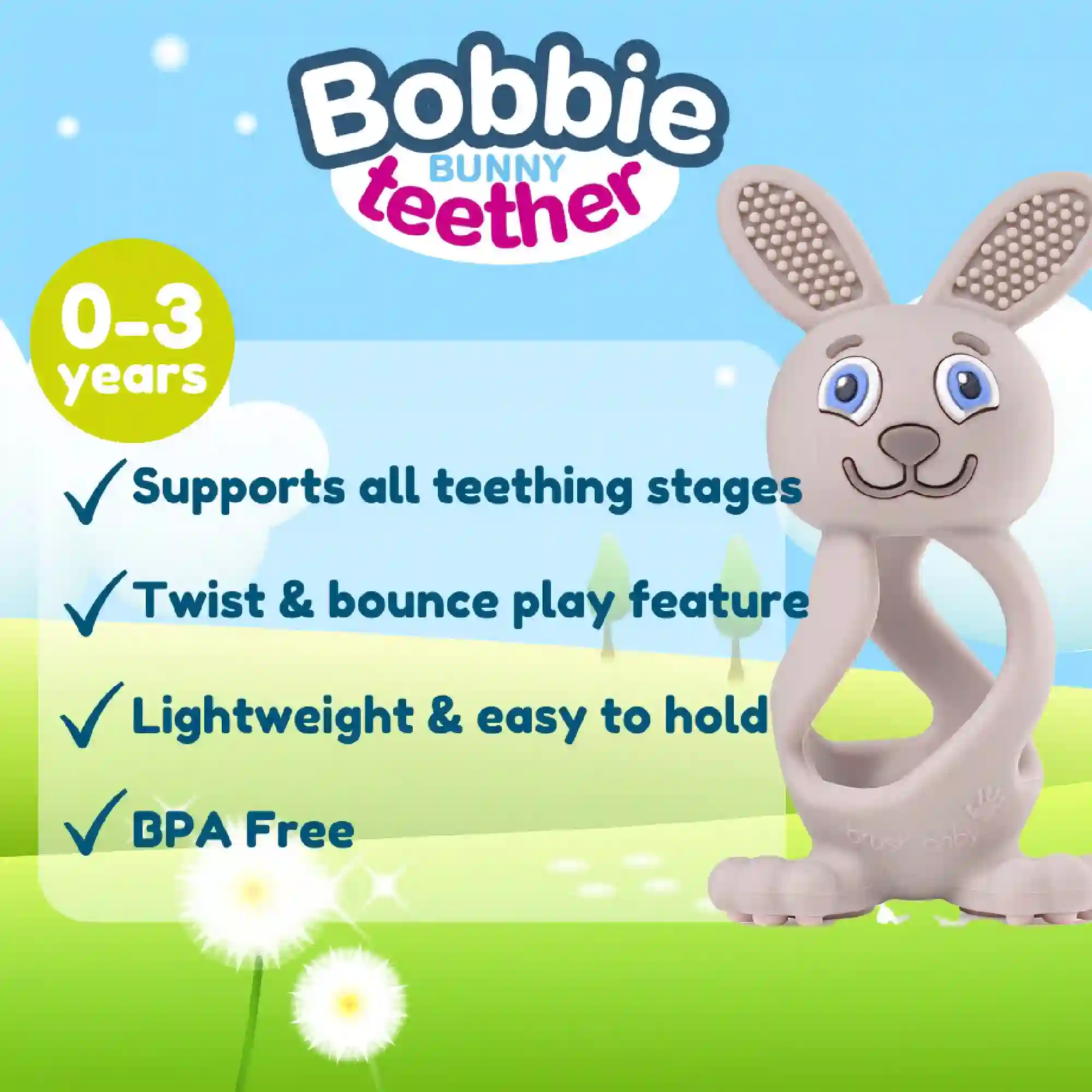 Brush-Baby Bobbie Bunny 3D Silicone Teething Rattle Toy Eucalyptus - BRB407 - Image 5