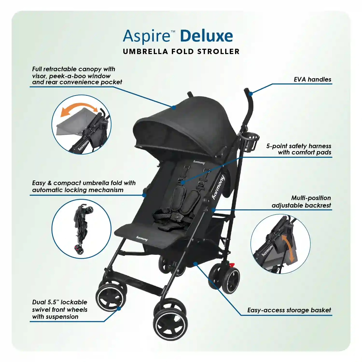 Harmony Aspire Deluxe Umbrella Fold Lightweight Stroller Black - MMZ07003BLK - Image 3