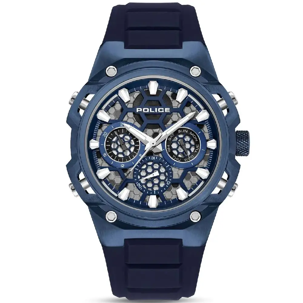 Police Challenger Analog Watch for Men - 46mm Blue Stainless Steel Case, Blue Dial, Blue Silicone Strap, Day Date Display, 50m Water Resistant - PEWGQ0071903