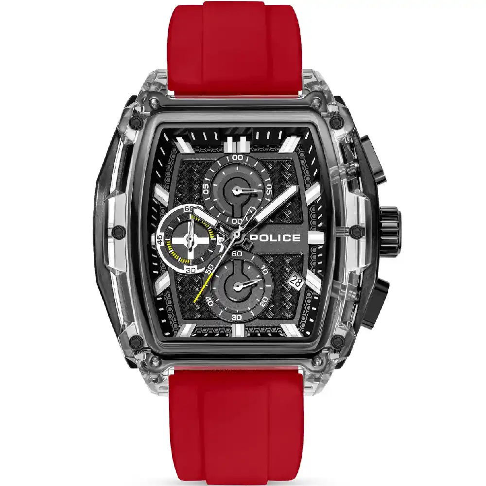 Police Clout Tank Chronograph Watch for Men - 46mm Black Case, Black Dial, Yellow Red Orange Black Silicone Strap, 30m Water Resistant - PEWGO00778X2 - Image 7