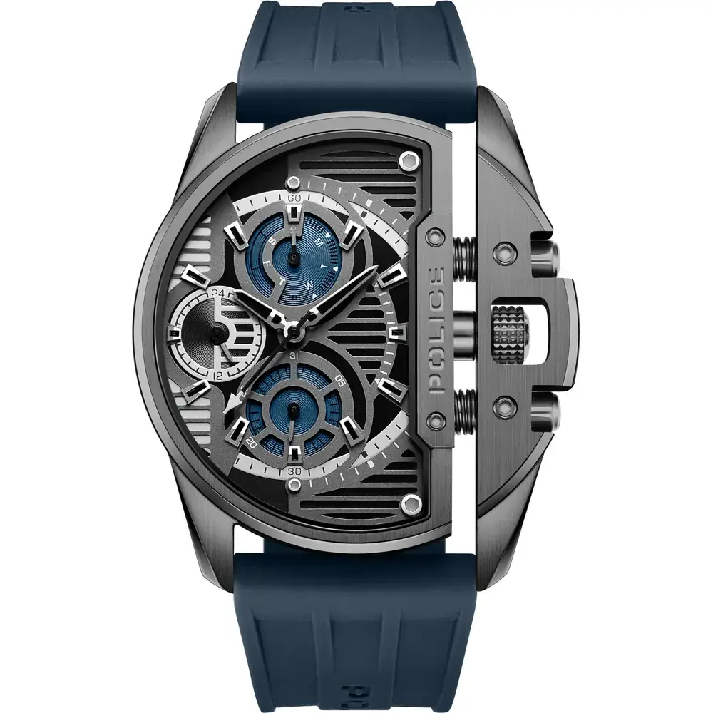 Police Daintree Day-Date Watch for Men - 48mm Gunmetal Stainless Steel Case, Grey Dial, Blue Silicone Strap, 5 ATM Water Resistant - PEWGQ2203604