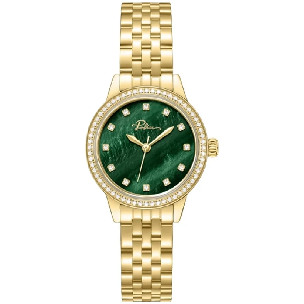 Police Jeita Quartz Watch for Women - 30mm Gold Base Metal Case, Green Dial, Gold Metal Bracelet, 3 ATM Water Resistant - PEWLG2240803