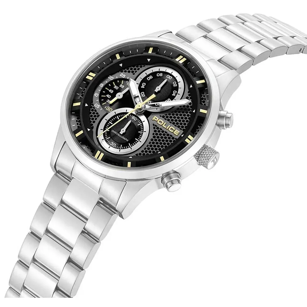 Police Levuka Chronograph Watch for Men - 43mm Stainless Steel Silver Case, Black Dial, Silver Metal Bracelet, 50m Water Resistant - PEWGK0092501 - Image 2