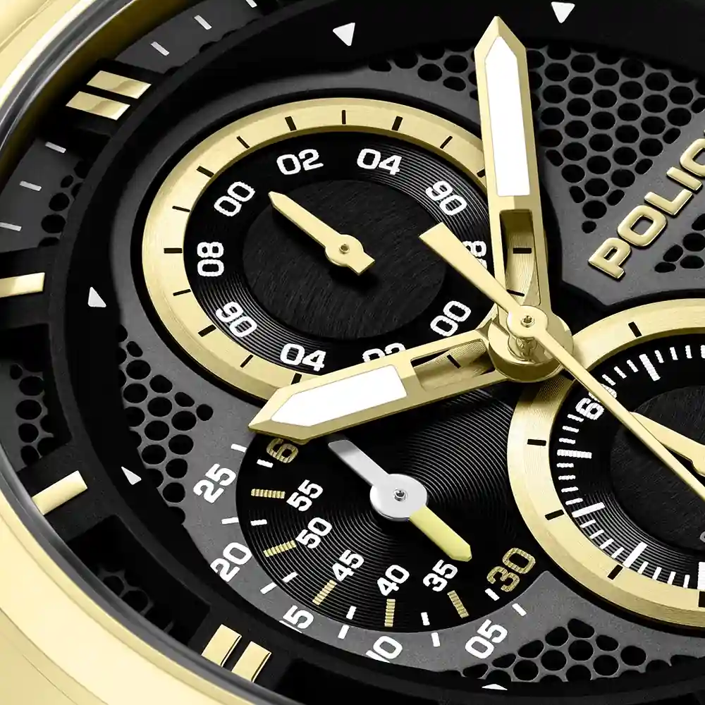 Police Levuka Urban Chronograph Watch for Men - 43mm Gold Tone Stainless Steel Case, Black Dial, Gold Metal Bracelet, 50m Water Resistant - PEWGK0092503 - Image 3