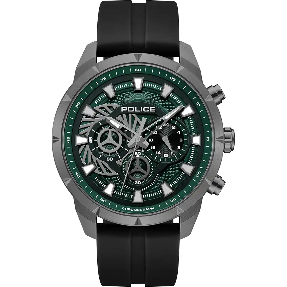 Police Neist Chronograph Watch for Men - 45mm Gunmetal Stainless Steel Case, Green Charcoal Dial, Blue Silicone Strap, 50m Water Resistant - PEWGQ0092703