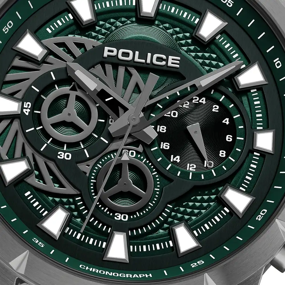 Police Neist Chronograph Watch for Men - 45mm Gunmetal Stainless Steel Case, Green Charcoal Dial, Blue Silicone Strap, 50m Water Resistant - PEWGQ0092703 - Image 3