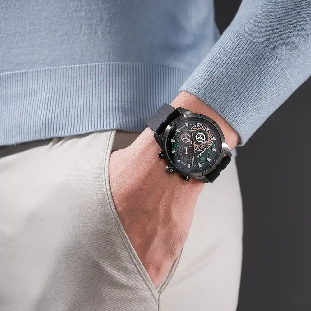 Police Neist Chronograph Watch for Men - 45mm Gunmetal Stainless Steel Case, Green Charcoal Dial, Blue Silicone Strap, 50m Water Resistant - PEWGQ0092703 - Image 5