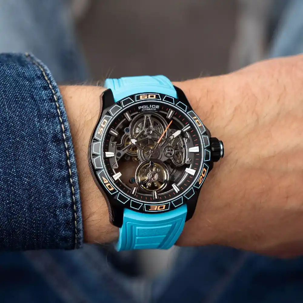 Police Spirit Automatic Watch for Men - 45mm Black Stainless Steel Case, Black Dial with Gold Bezel, Blue Silicone Strap, 50m Water Resistant - PEWGR0097804 - Image 4