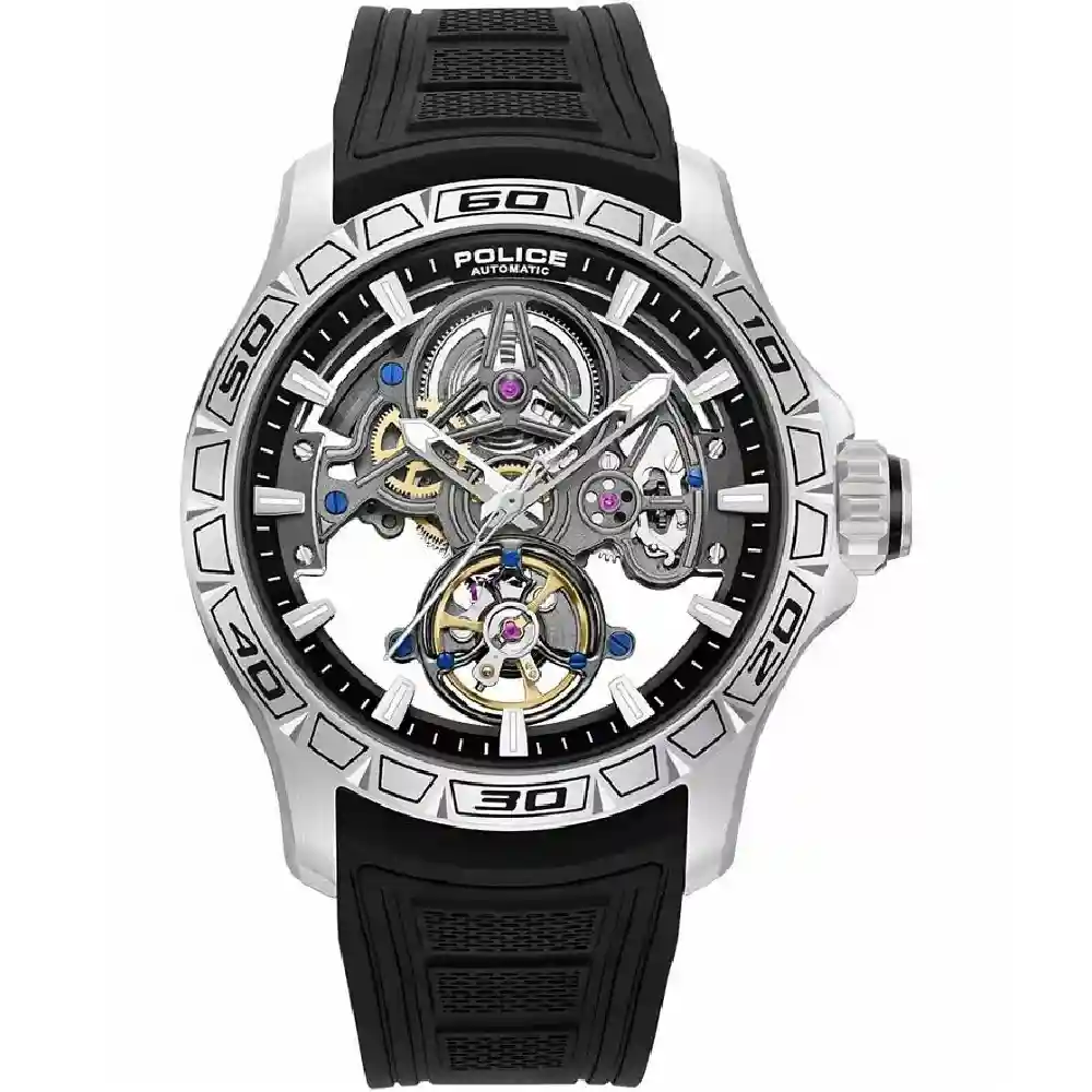 Police Spirit Automatic Watch for Men - 45mm Silver Stainless Steel Case, Black Open-Worked Dial, Black Silicone Strap, 50m Water Resistant - PEWGR0097801