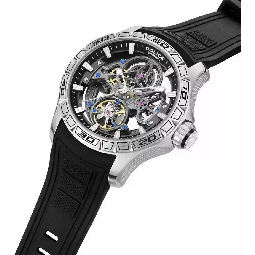 Police Spirit Automatic Watch for Men - 45mm Silver Stainless Steel Case, Black Open-Worked Dial, Black Silicone Strap, 50m Water Resistant - PEWGR0097801 - Image 2