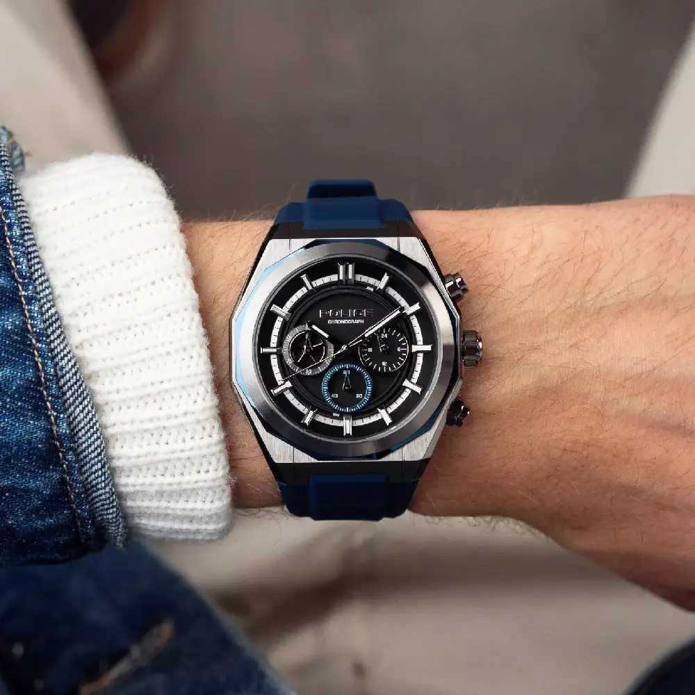 Police Steward Chronograph Watch for Men - 46mm Black Stainless Steel Case, Black Dial, Blue Silicone Strap, 50m Water Resistant - PEWGO0093703 - Image 4